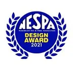 NESPA Design Award 2021 logo, featuring a blue circular emblem with laurel leaves and bold yellow text, representing excellence in pool and spa design.