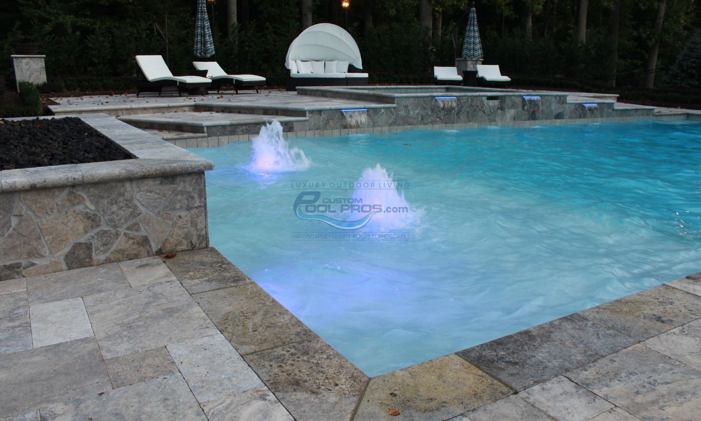 gunite pool with raised spa and pool lighting installation in NJ