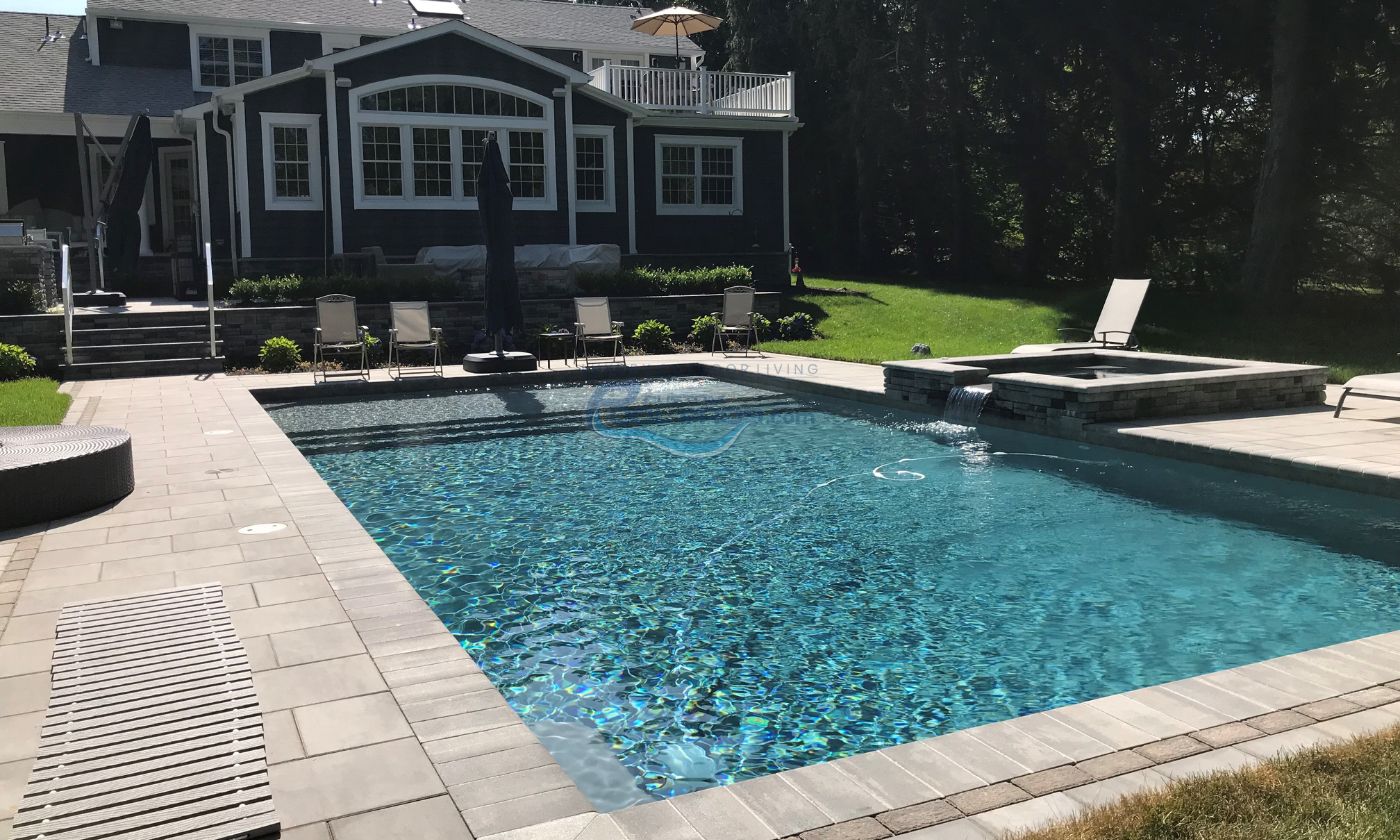 gunite pool with raised square spa installation in Moorestown, NJ