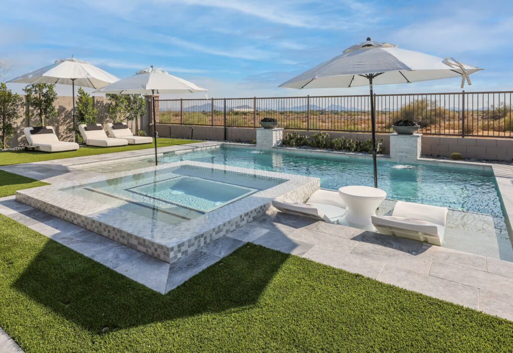 luxury backyard, modern pool designs, travertine pool